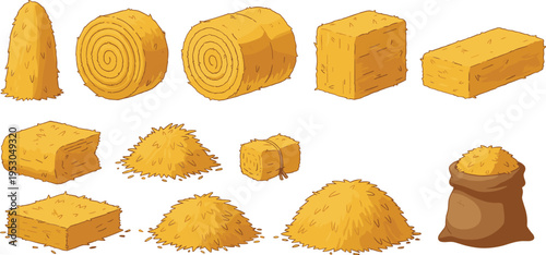 Flat vector illustration set of golden hay bales and straw piles in various shapes including round rolls, square blocks, and sacks for farm and harvest themes.