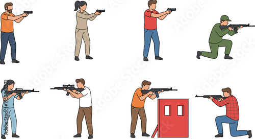 Flat vector illustration set of people in various shooting and aiming poses featuring handguns and rifles for tactical training, sports, and gaming concepts.
