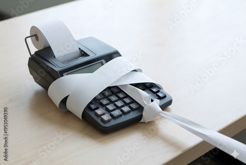 Black calculator tightly bound by long white receipt paper roll on wooden desk