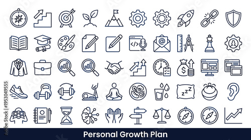 Collection of icons representing personal growth, career development, and healthy lifestyle choices