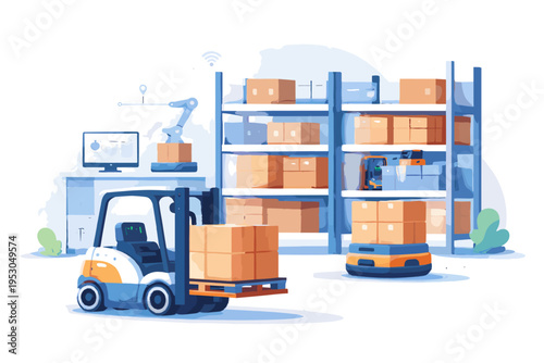Cute illustration robot image icon soft shadow logistics vector warehouse simple shapes generation smart simple
