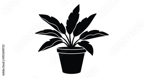 Black potted plant, indoor foliage, leafy houseplant, vector icon