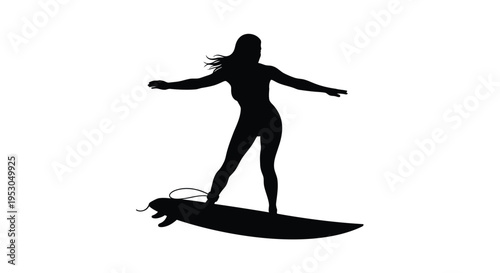 Vector silhouette of woman surfing on white background