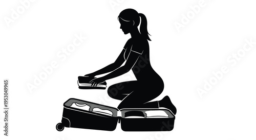 Black silhouette woman, packing suitcase, travel icon, luggage vector