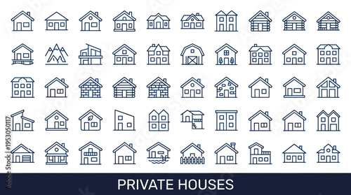 Collection of various private house icons in a clean outline style for design
