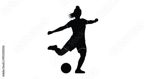 Vector silhouette of woman playing soccer, kicking ball