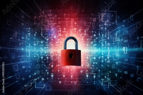 Red padlock visualizing cybersecurity, protecting digital information and network data flow against threats