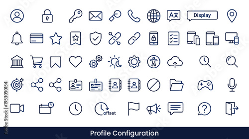 Collection of modern outline icons for user interface and web design elements