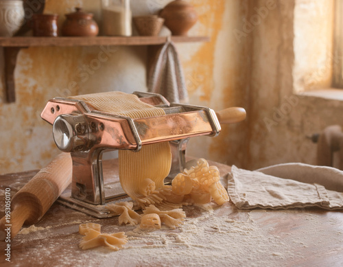An artisanal vintage copper pasta machine extrudes fresh handmade farfalle and wagon wheel pasta on a flour-dusted wooden table in a rustic kitchen, showcasing traditional Italian culinary craftsmansh