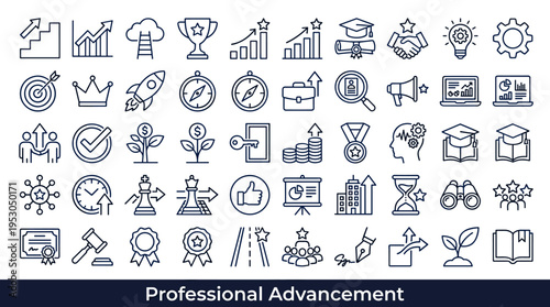 Collection of professional advancement and business growth icons in a clean line art style