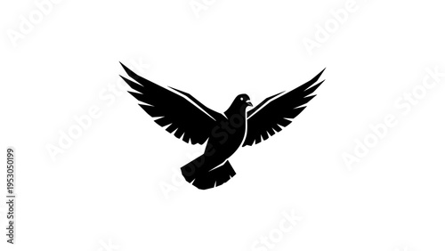Silhouette of a flying dove with outstretched wings in black on white background