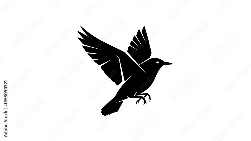 Fototapeta premium Silhouette of a flying bird with spread wings on white background