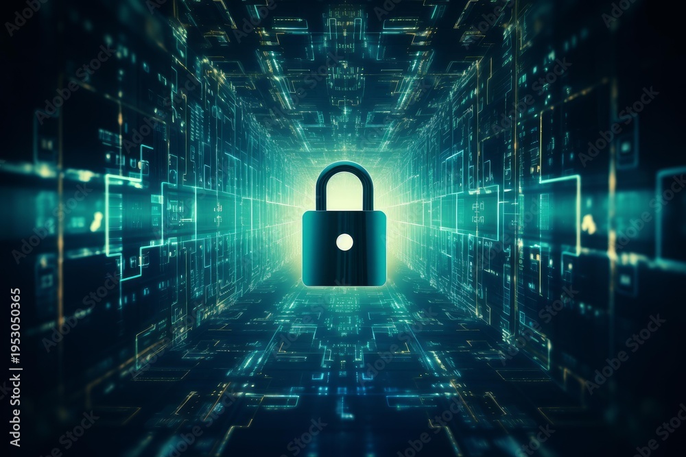 Fototapeta premium Padlock symbolizing security, protecting data within a technological tunnel
