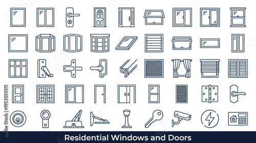 Collection of residential windows, doors, and hardware icons for home improvement and construction