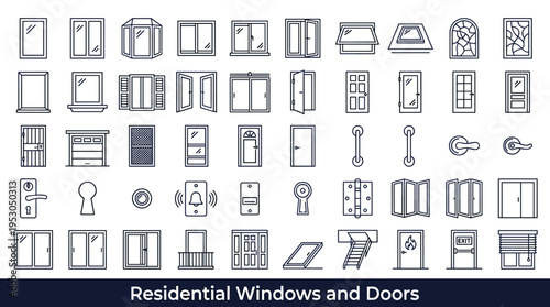 Collection of residential windows and doors icons in a clean, modern line art style