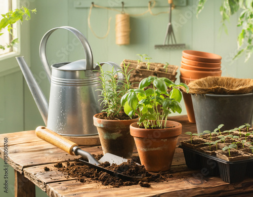 Plants are cultivated on a wooden table, accompanied by watering tools and pots, within a gardening setup.