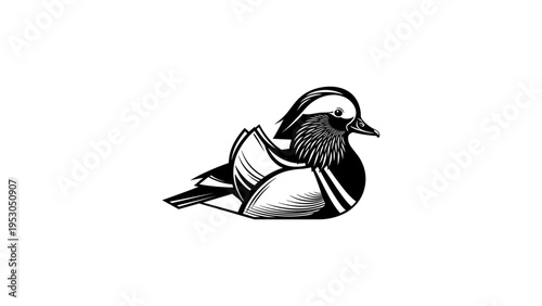 Minimalist black and white mandarin duck design on white background