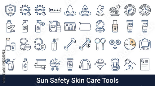 Sun safety and skincare icons collection for protection and outdoor activities