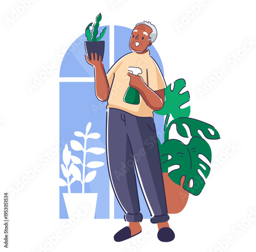Gardener Watering Houseplant Cartoon Style