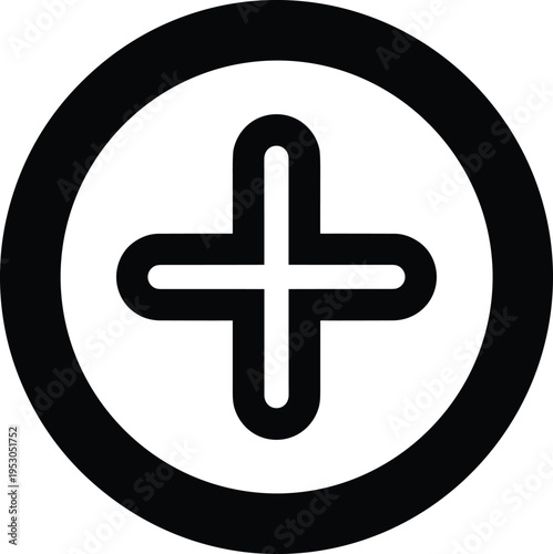 Black plus sign icon in circle, minimalist addition symbol silhouette, positive cross mark for medical health and mathematical calculation button