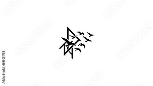 Silhouette geometric bird art with flying flock