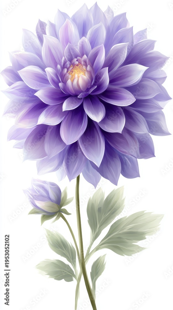 Obraz premium Purple dahlia flower blooming with green leaves illustration