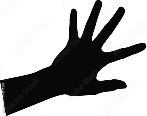 Black silhouette of a human hand and wrist reaching out with open fingers isolated on a white background, vector.
