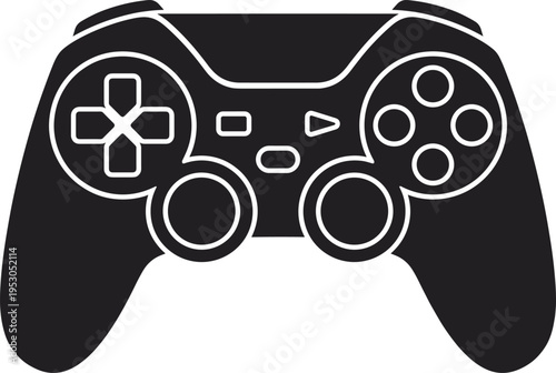 Black silhouette of a console game controller with joysticks and d-pad, isolated electronic gaming device vector illustration