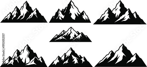 Black silhouette mountain peaks vector illustration, rocky mountain range icons, outdoor adventure nature landscape elements, extreme hiking summits, high.