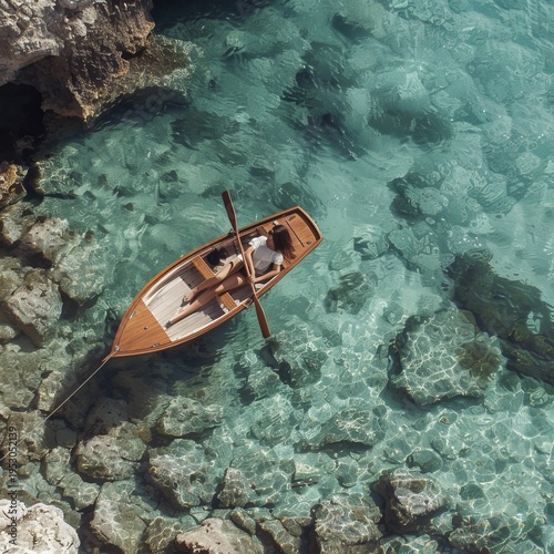 top-down view, woman lying calmly in boat, clear water, mountain scenery, realistic photo