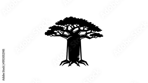 Silhouette of baobab tree with roots and branches on white background