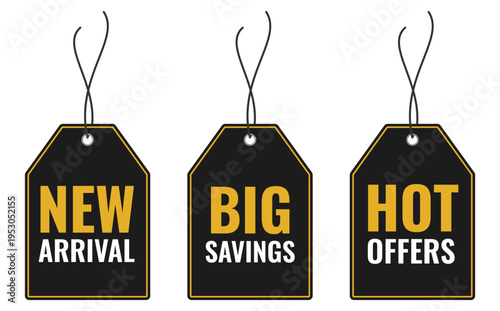 Elegant black price tags with gold borders featuring new arrival, big savings and hot offers