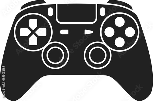 Black silhouette of a modern game controller with buttons and joysticks, isolated electronic gaming device vector illustration