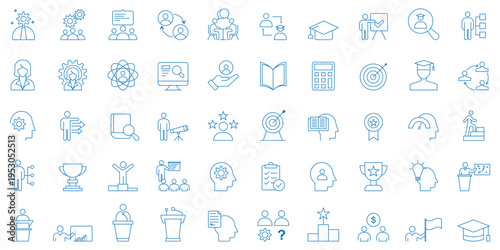 Training and Coaching line icon set. Set of 50 outline icons. Training and Education line icon set. Contains symbols for e-learning, coaching, online courses, and skill development. EPS 10. 