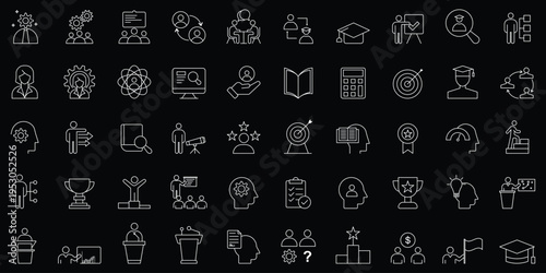 Training web icons in line style. Education, seminar, online test, webinar, course, distance learning collection. Editable stroke, training, coaching, mentoring, education, seminar, meeting, course. 