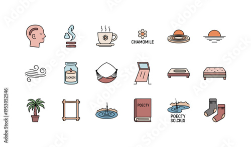 Breathing exercise head silhouette, chamomile cup, evening sunset disk, light breeze swirl, scented candle jar, hammock, indoor