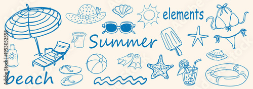 vector hand drawn summer beach element set .sketch doodle summer beach line art element set .abstract summer beach element art . line art set . vector illustrations
