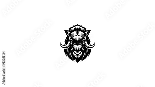 Intricate monochrome yak head emblem in tribal style
