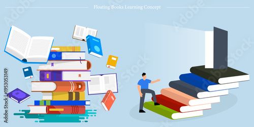 Floating Books Learning Concept Flat Vector Education Knowledge Stairway Opportunity Illustration