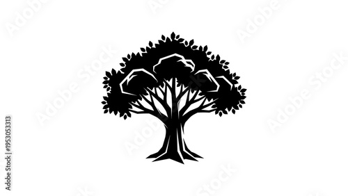 Bold silhouette of a majestic tree with detailed leaves and branches