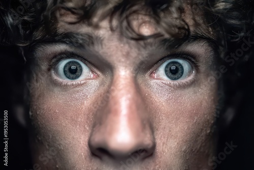 A close-up dramatic portrait of a person's face with wide, startled eyes, drenched in sweat, creating a sense of intensity and vulnerability, with curly hair.