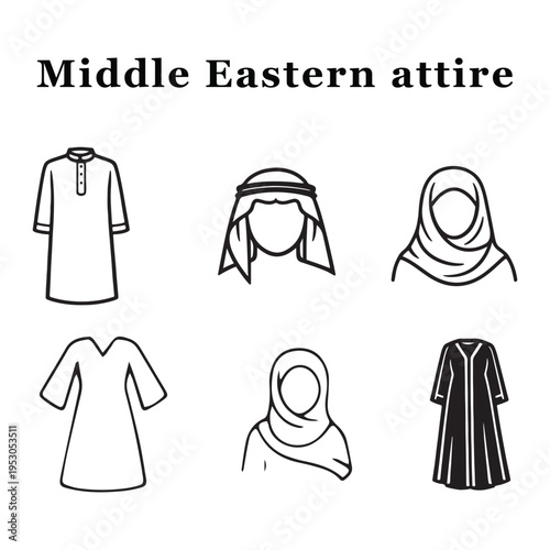 Set of 6 Middle Eastern Attire Vector Icons Featuring Traditional Islamic Clothing and Headwear for Men and Women, Black and White Outline Style