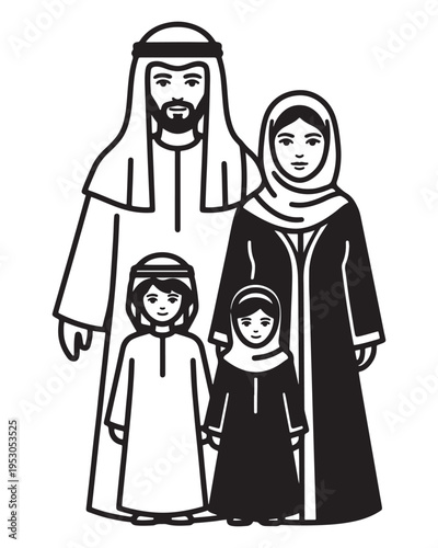 Black and white vector illustration of a traditional Middle Eastern family, featuring a father, mother, son, and daughter in cultural attire, ideal for diverse representation and cultural themes.