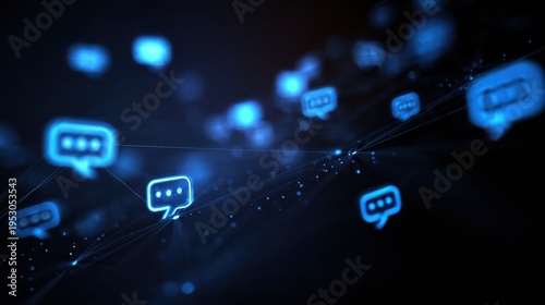 A network of glowing chat icons shows digital communication in action, highlighting the use of technology in connecting people online.