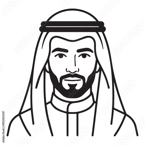 Black and white vector illustration of a Middle Eastern man with a beard wearing traditional ghutra and agal headwear, facing forward, ideal for cultural representation and business contexts.