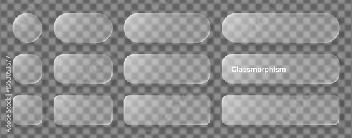 Set of frosted glass shapes for user interface design. Transparent glossy panels with blur effect for web element and mobile app button. Vector graphic style for modern technology layout.
