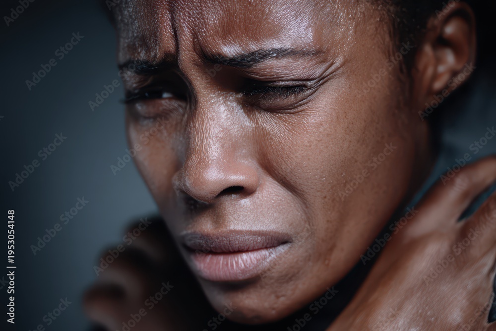 Fototapeta premium Close-up of a stressed African American woman expressing strong emotion, highlighting her struggle and capturing the raw intensity of her tearful moment.