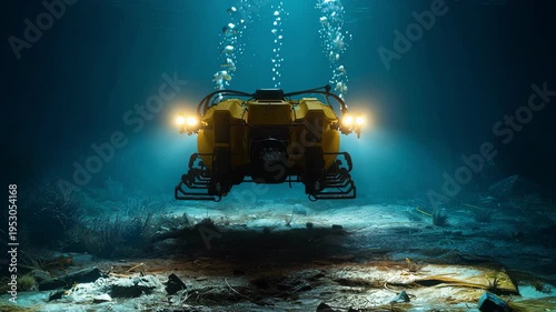 Autonomous underwater vehicle exploring the dark ocean floor with lights