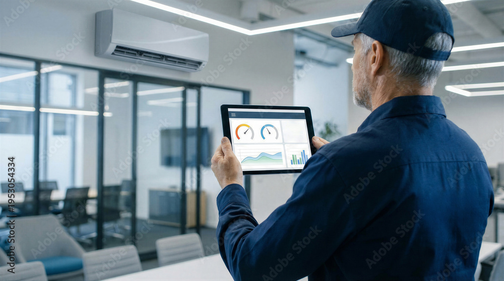 Obraz premium Technician using tablet to monitor air conditioning system performance in modern office building interior