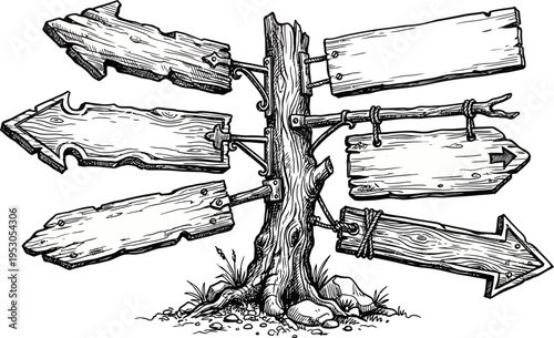 Vintage wooden signpost with multiple directional signs on transparent background